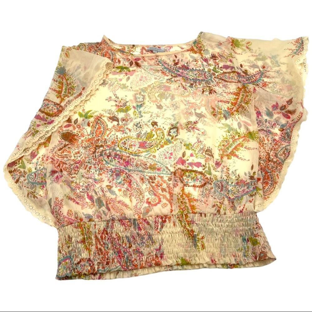 WORLD MARKET Top Blouse Paisley print elastic waist tan SIZE SMALL/MEDIUM